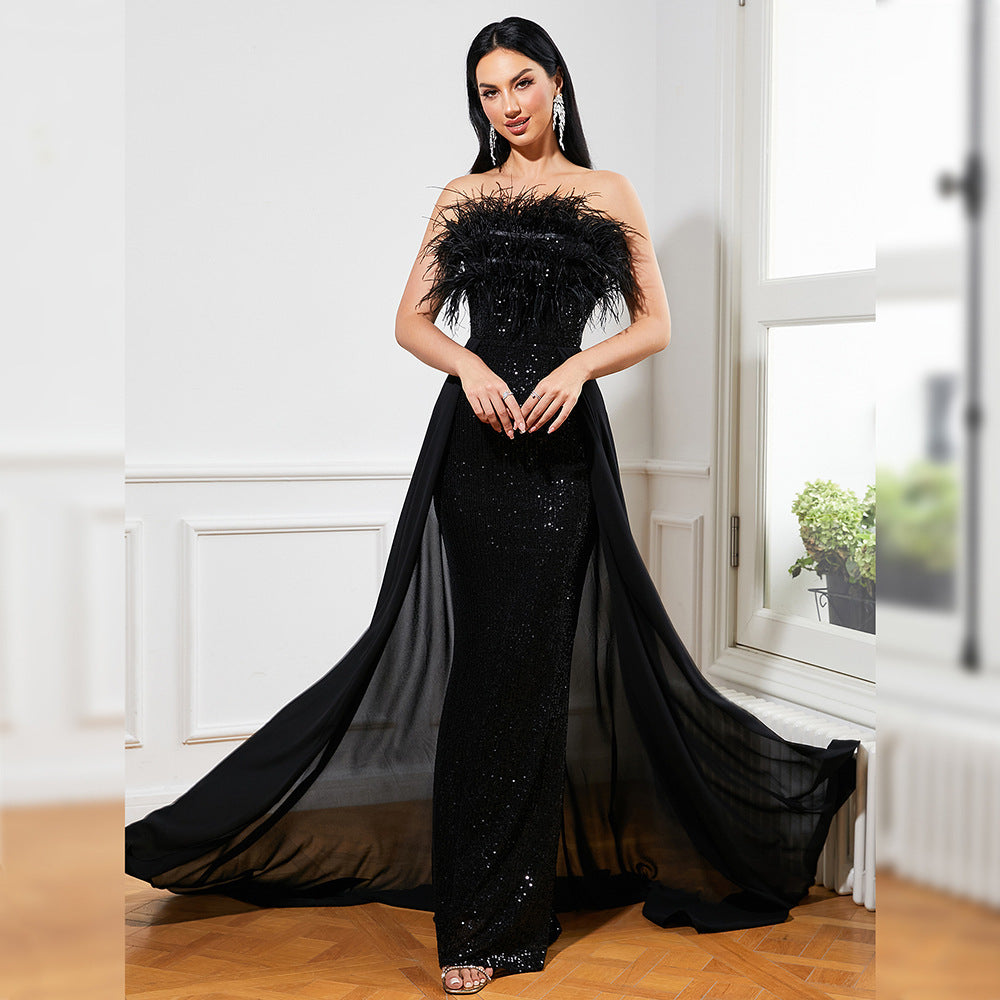 European & American Temperament Long Black Sequined Sleeveless Backless Evening Dress