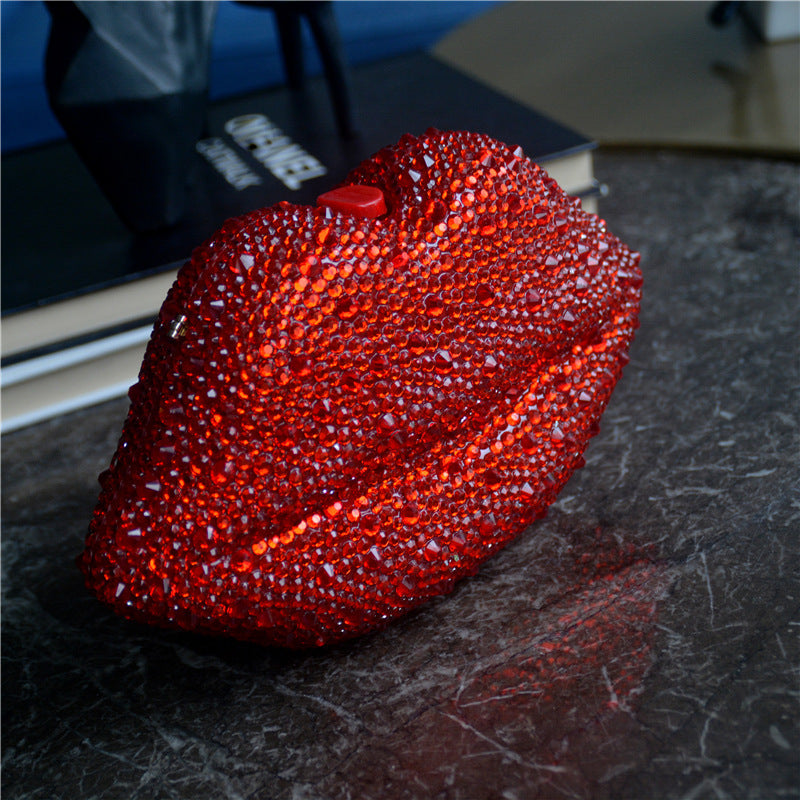 Rhinestone Red Acrylic Lip Chain Dinner Bag 23x13.5x6.5cm