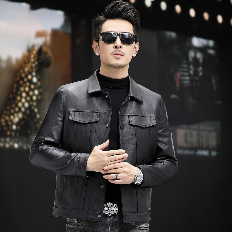 Men's Cowhide Leather Polo Collar Jacket Spring Autumn