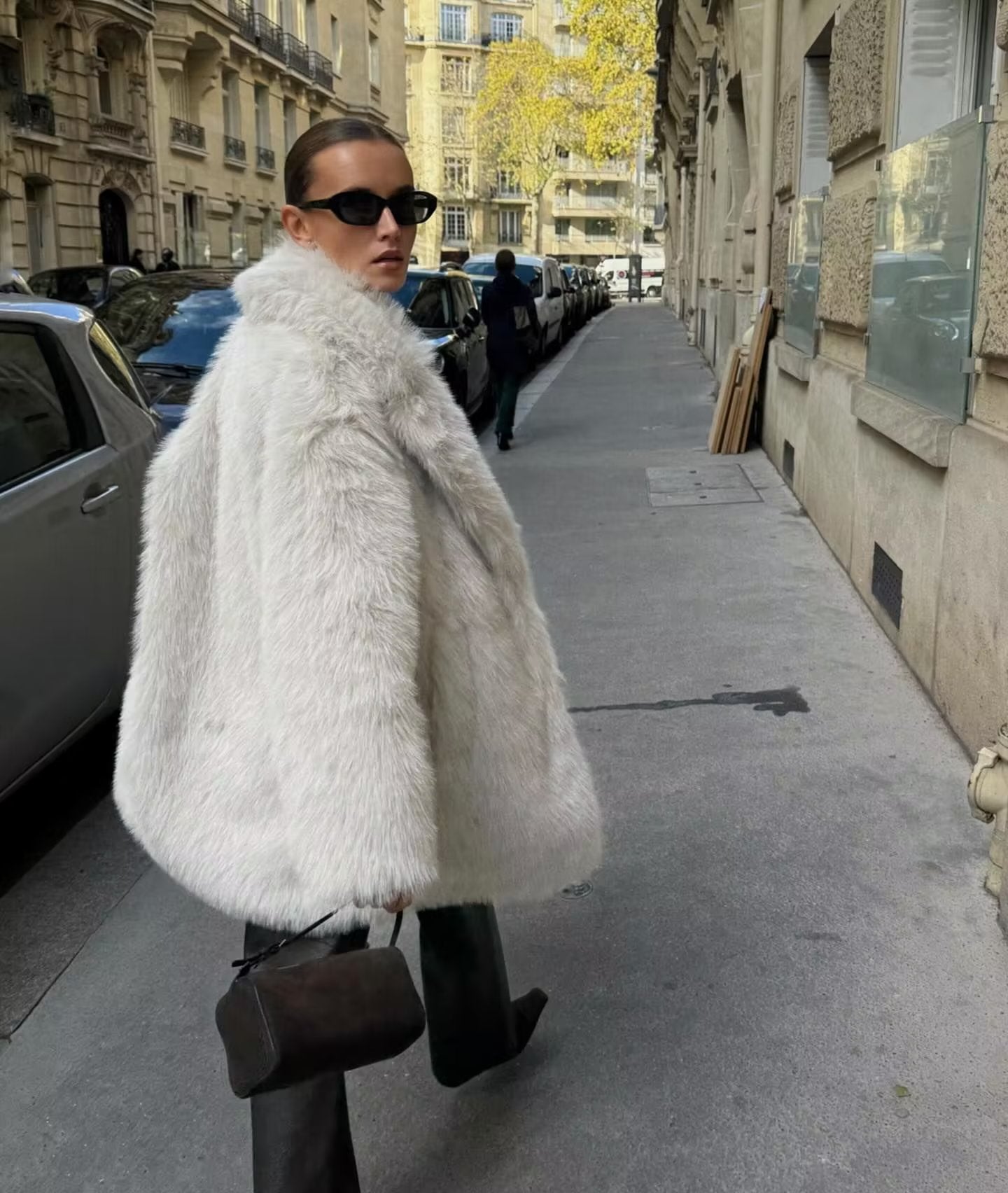 Women's White Artificial Fur Warm Three-Quarter Thick Coat
