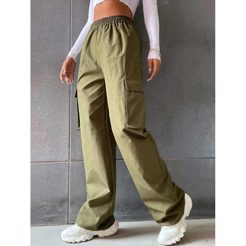 Pantalon de travail taille haute de couleur unie pour femme avec poches