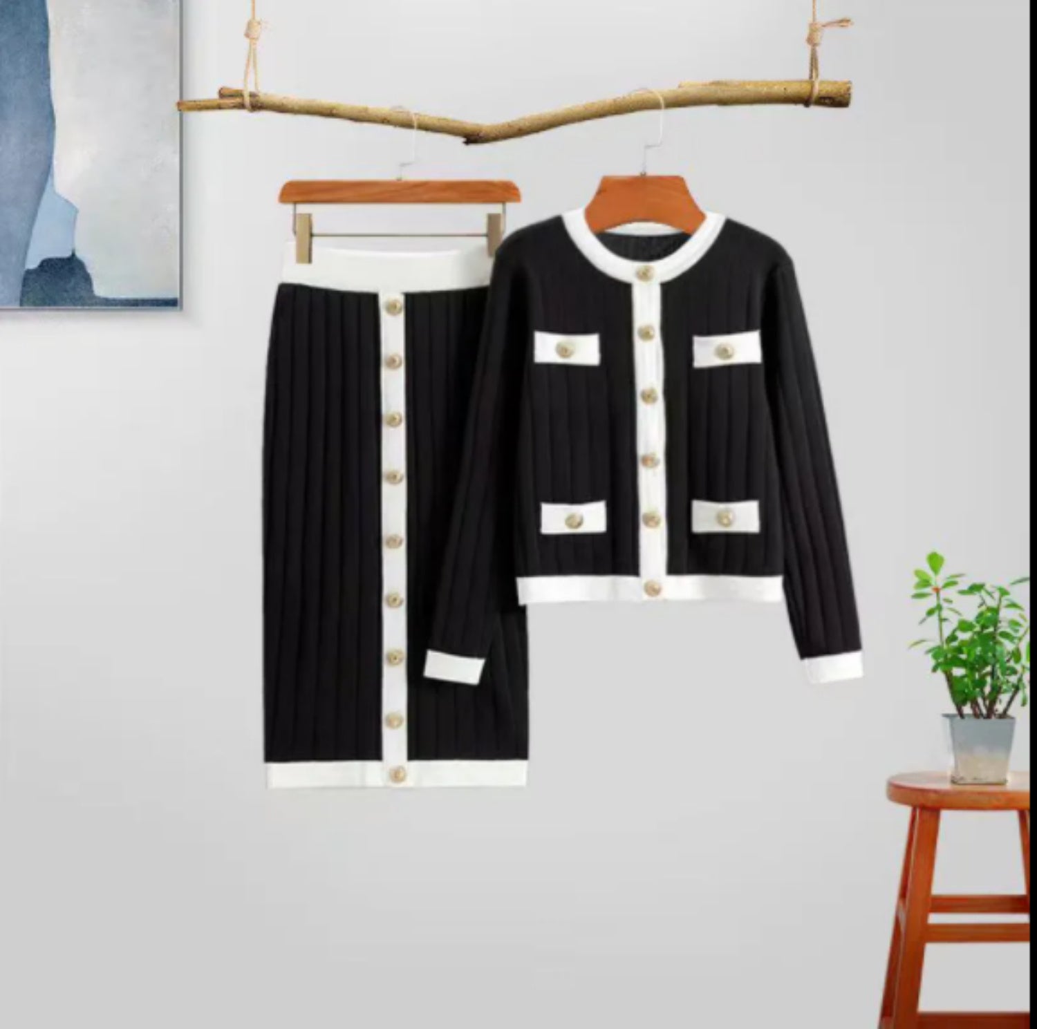 Knitted Two-Piece Cardigan Set with Skirt