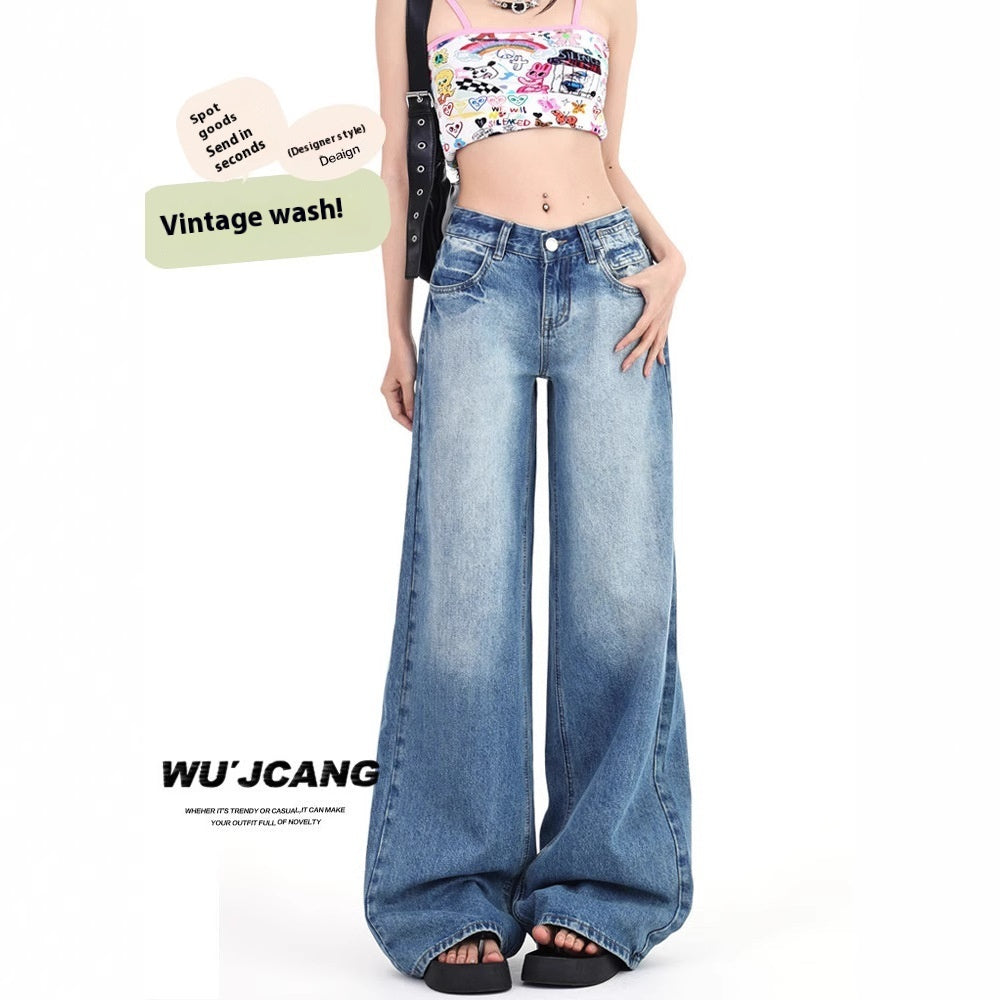 Jean large en jean taille haute style rétro américain pour femme, été