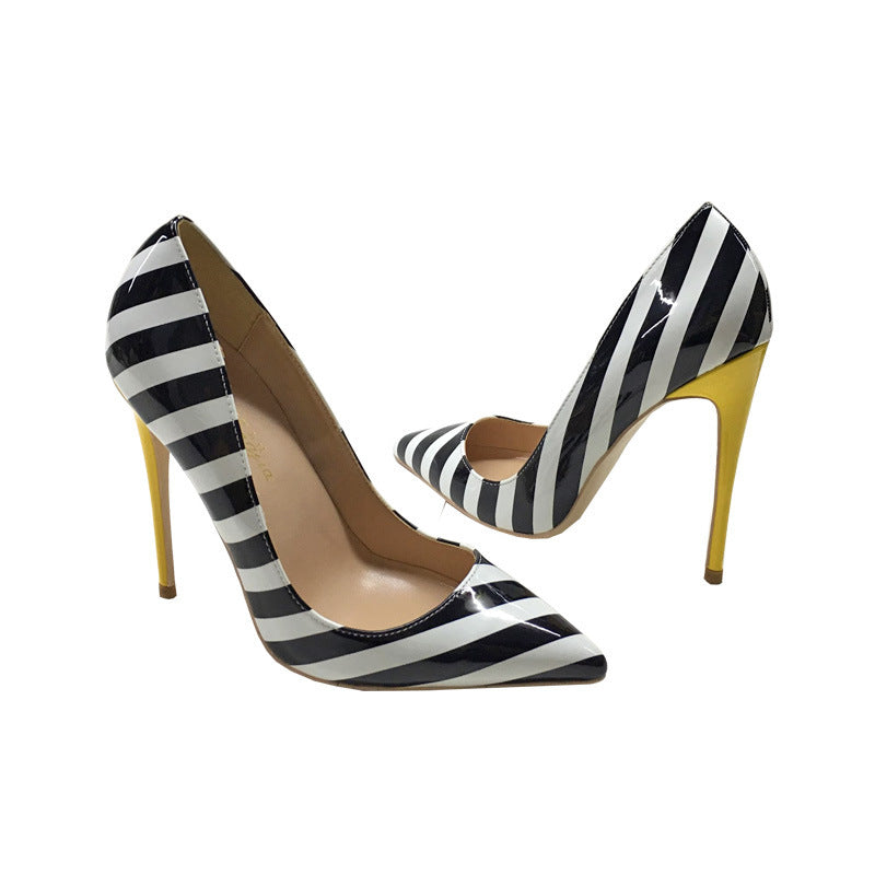 Striped Black & White 12CM Pointed Toe Stiletto High Heels for Women