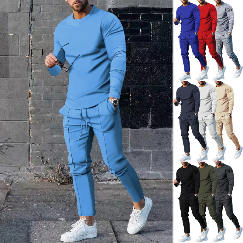 Ensemble pull col rond à manches longues coupe ajustée et pantalon cigarette à cordon de serrage pour homme