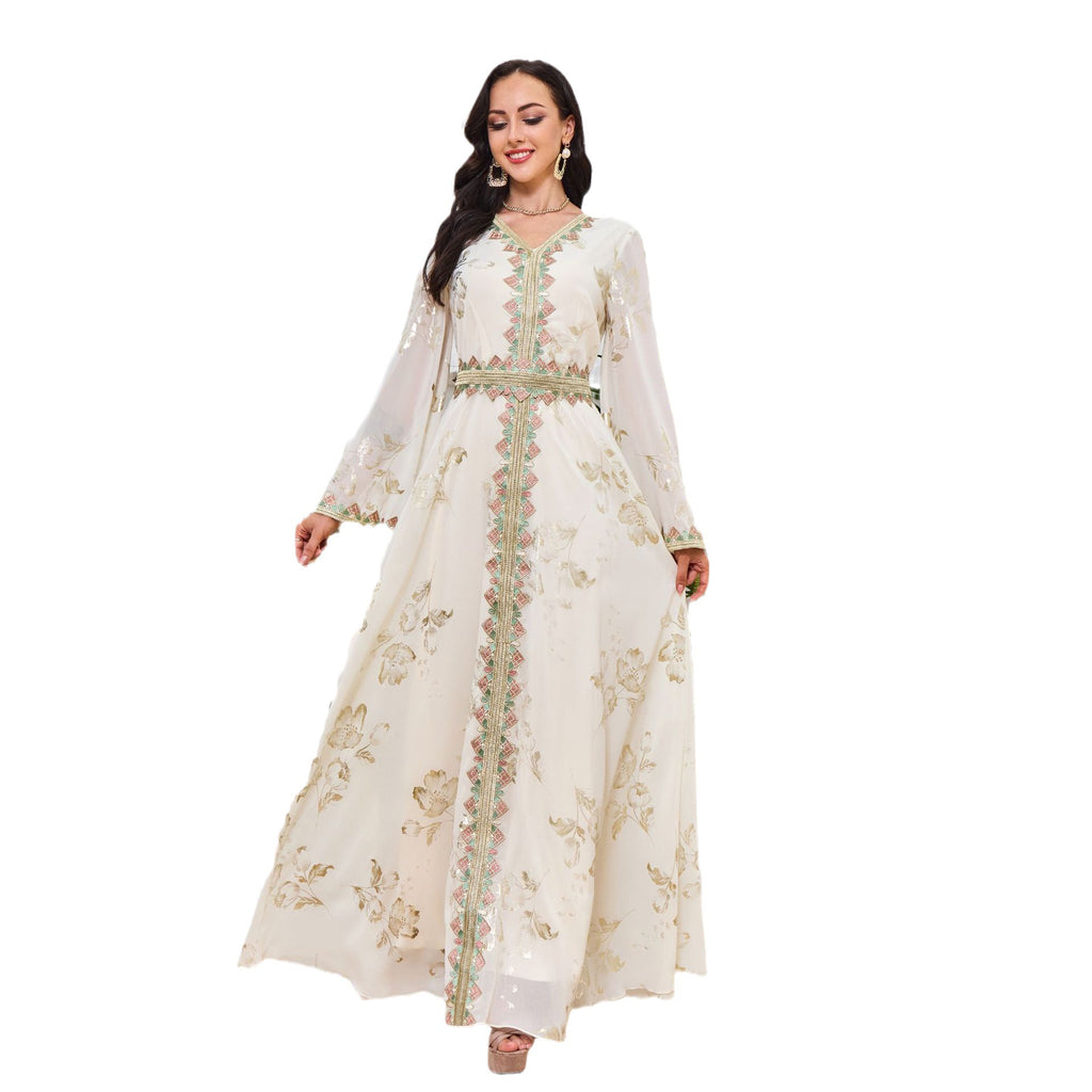Women's White Muslim Robe with Bronzing Embroidery and Ruffles