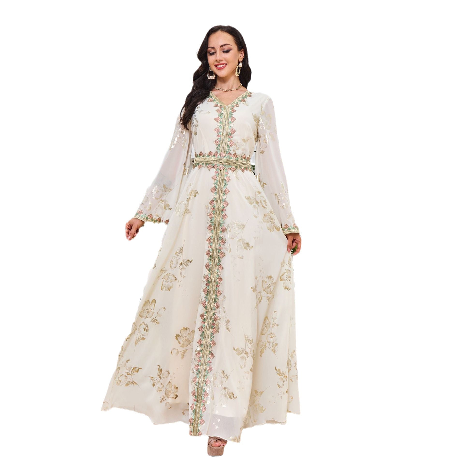 Women's White Muslim Robe with Bronzing Embroidery and Ruffles