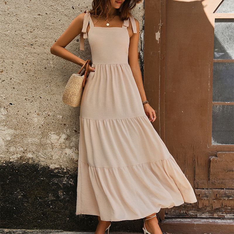 Women's Apricot Backless Solid Color Sling Dress Mid-Length
