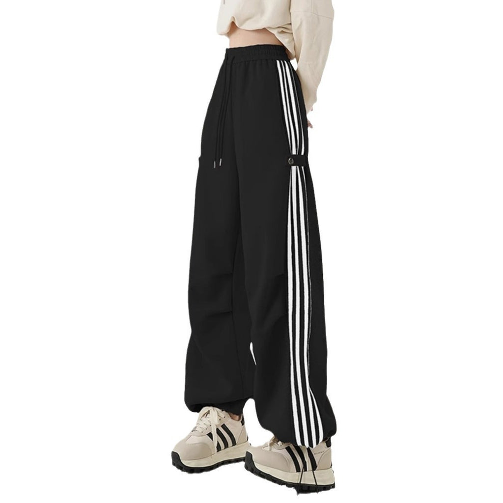 American Striped Wide-Leg Cotton Workwear Sweatpants in Khaki, Black & Dark Gray