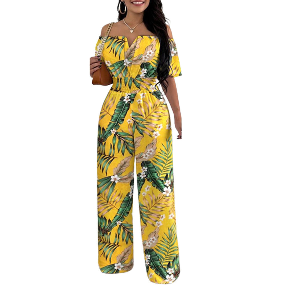 Women's Off-Neck Waist-Trimmed Loose Straight Jumpsuit