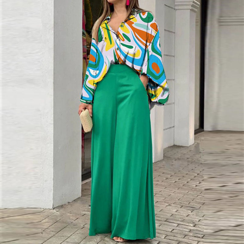 Ensemble élégant chemise imprimée et pantalon large