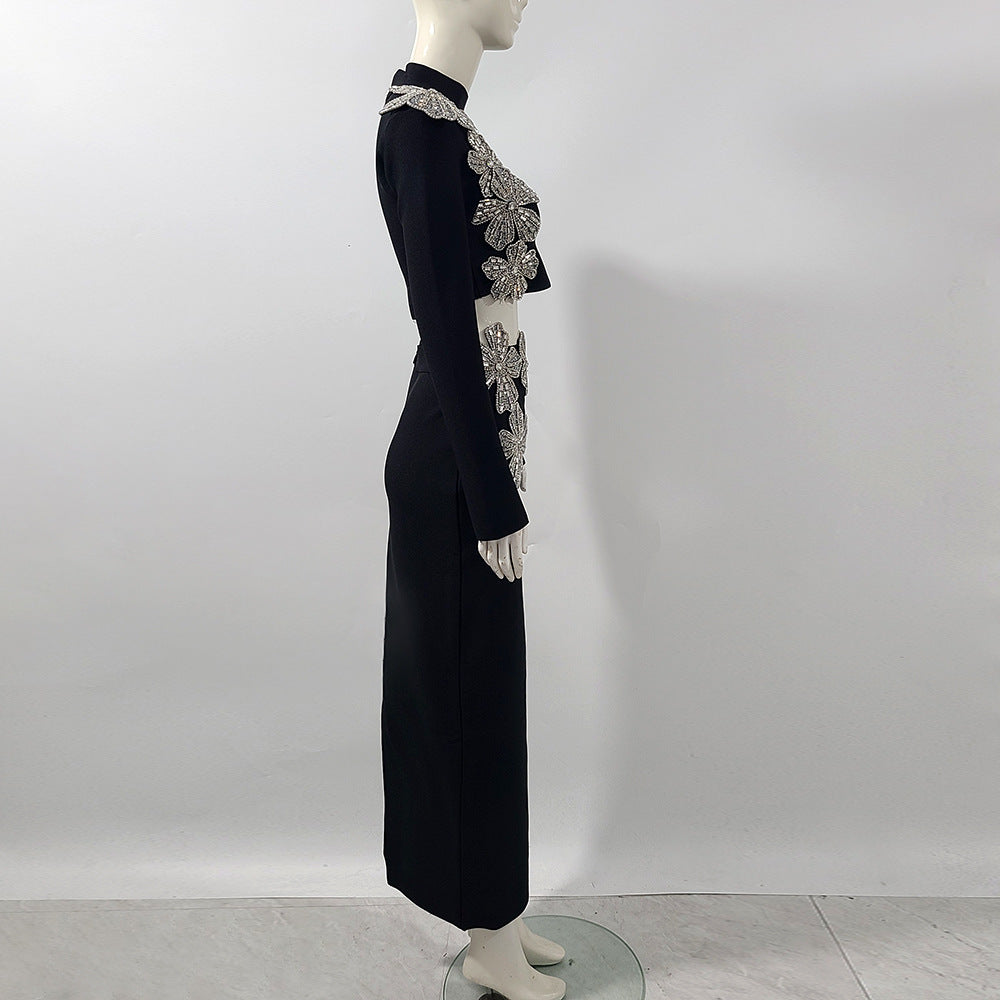 Black Polyester Two-Piece Set Long Sleeve Top & High Waist Skirt