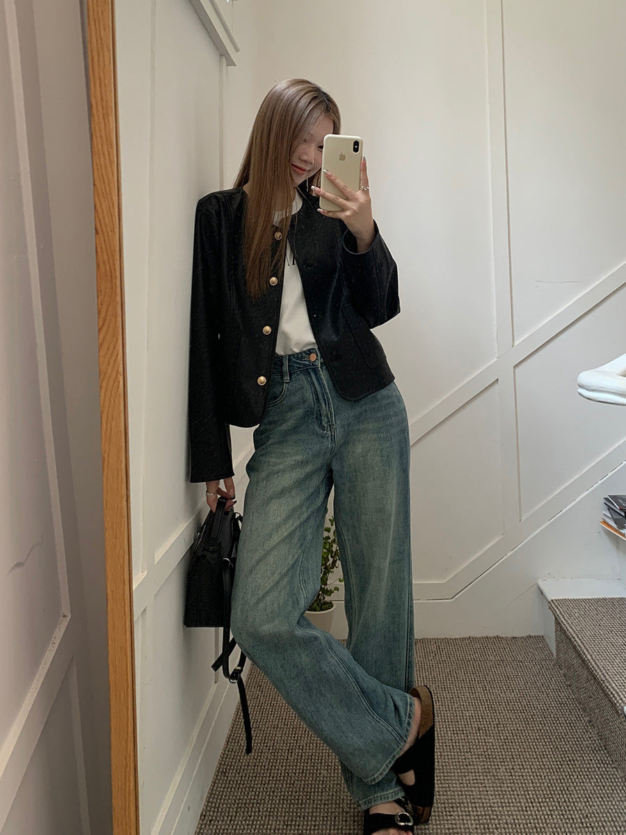 High Waist Blue Slimming Straight Leg Pants for Women