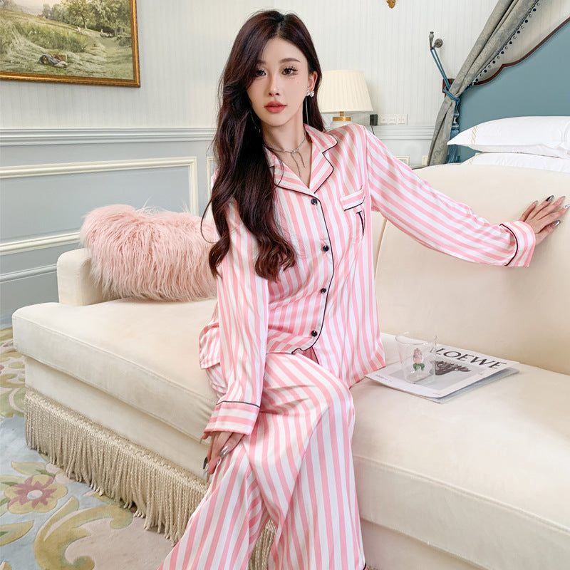 Ensemble de pyjama manches longues ultra-fin en soie glacée bleu clair et rose, tailles M-XXL
