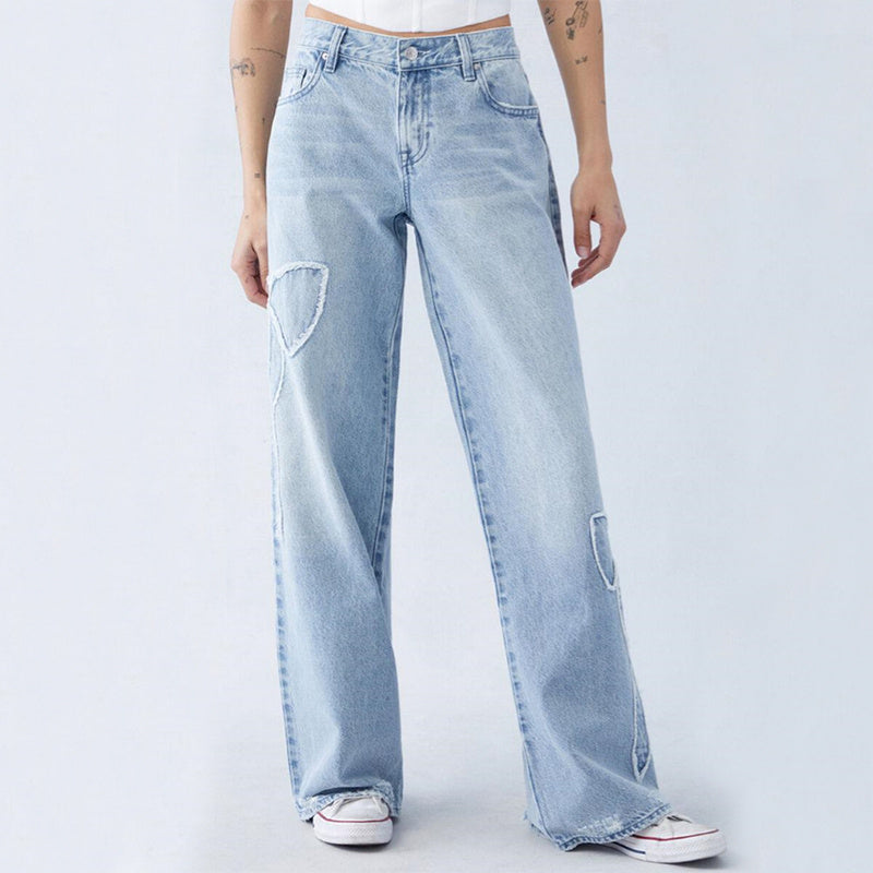 Women's Light Blue Denim Straight Leg Embroidered Butterfly Jeans Baggy Pants