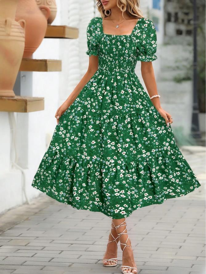 Robe Étagée Imprimé Floral Col Carré Manches Bouffantes