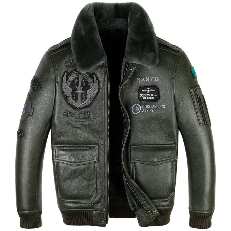 Men's Genuine Sheepskin Leather Flight Jacket - Loose Fit, Short Length