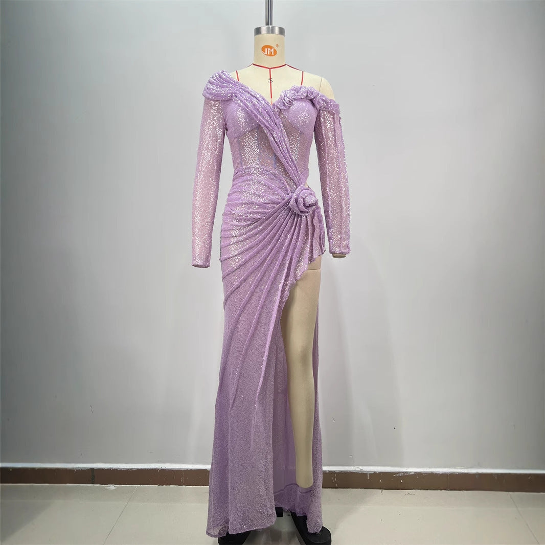 Women's Slim Fit Lavender Purple Long Slit Dress