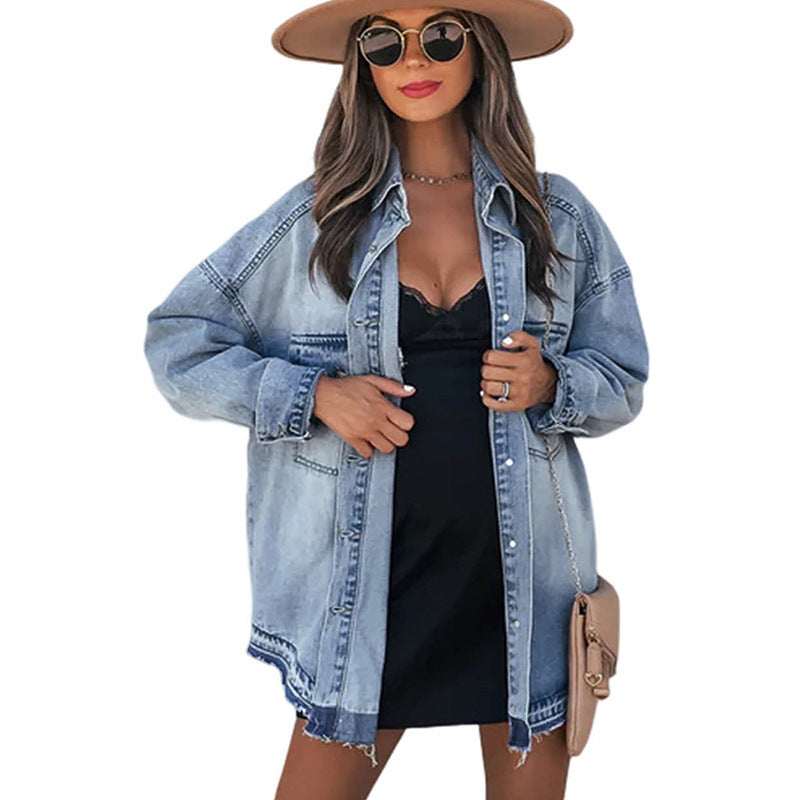 Haut à manches longues en jean de coton de style rétro pour femme