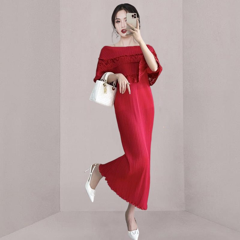 Socialite Ruffled Off-the-Shoulder Collar Waist Vacation Dress