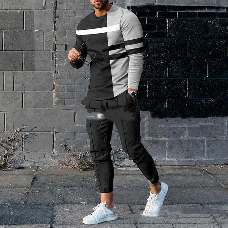 Men's Casual Round Neck Sweatshirt Pullover Two-piece Set