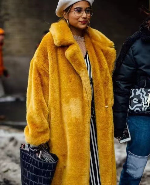 Thickened Long Plush Artificial Fur Cotton Coat Trench