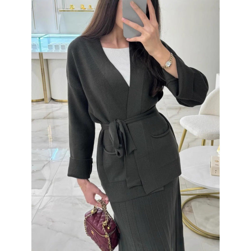 Thermal Knitted Lace-Up Cardigan & Long Skirt Two-Piece Sweater Set