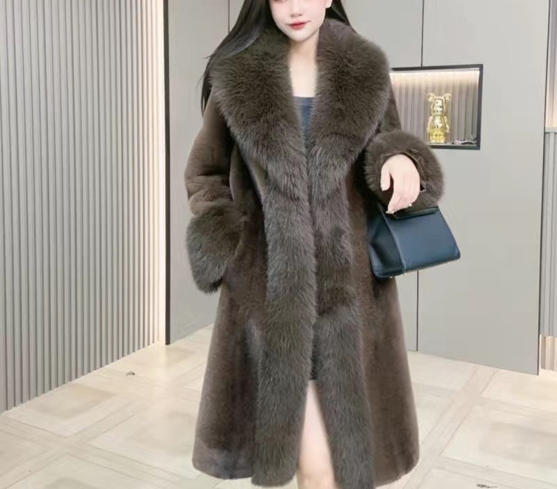 Women’s Mink Fur Collar Leather Overcoat Medium Length