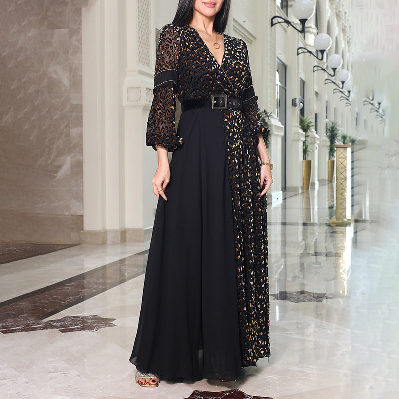 Deep V-Neck Black Polyester Dress European American Elegant Sexy