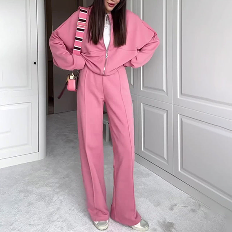 Solid Color Gray Polyester Zip Sweater & Casual Trousers Suit for Women