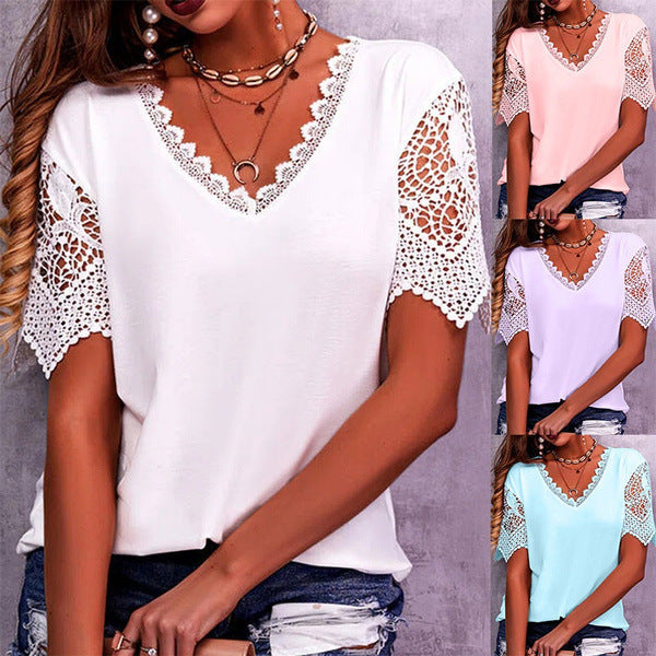 Women’s Summer Lace V Neck Loose Short Sleeve Casual Tops