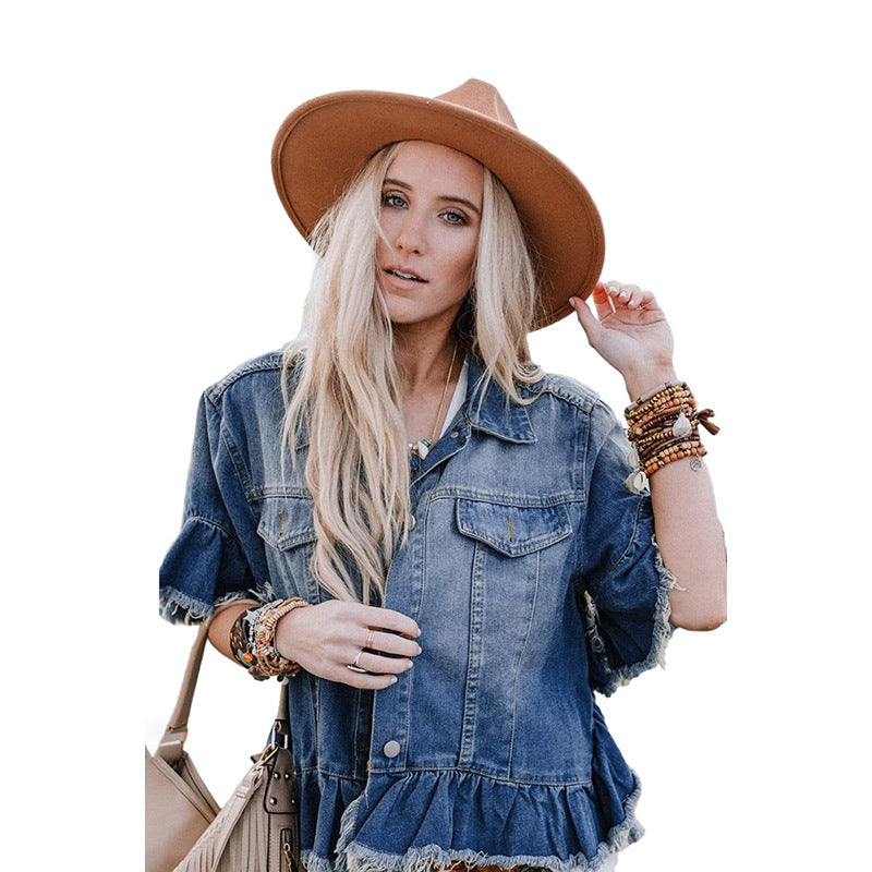Women’s Loose Denim Jacket with Ruffled Short Sleeves