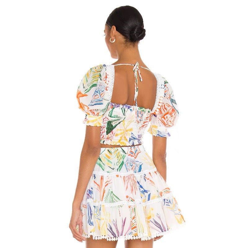 Women's Printed Square Neck Puff Sleeves High Waist Slim Top Skirt Set