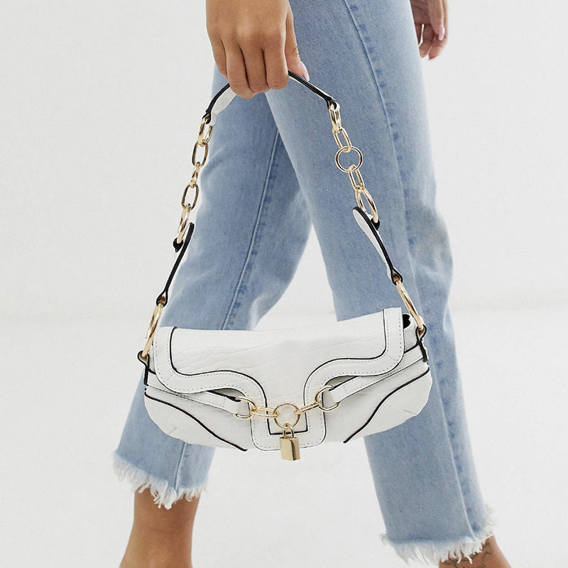 Petit sac baguette d'aisselle à cadenas, motif vintage et chaîne