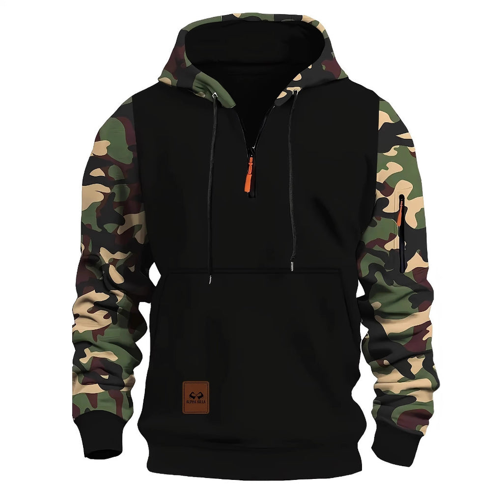 Sweat-shirt à capuche zippé vintage pour homme avec coutures et motif camouflage