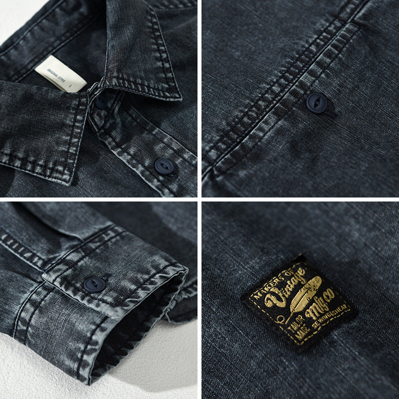 Men's Vintage Wash Denim Shirt - Solid Blue & Black, Cotton, Loose Fit, Sizes M-XXXXL