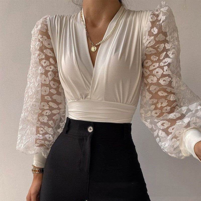 Haut décontracté en polyester pour femme avec dentelle et surpiqûres blanches