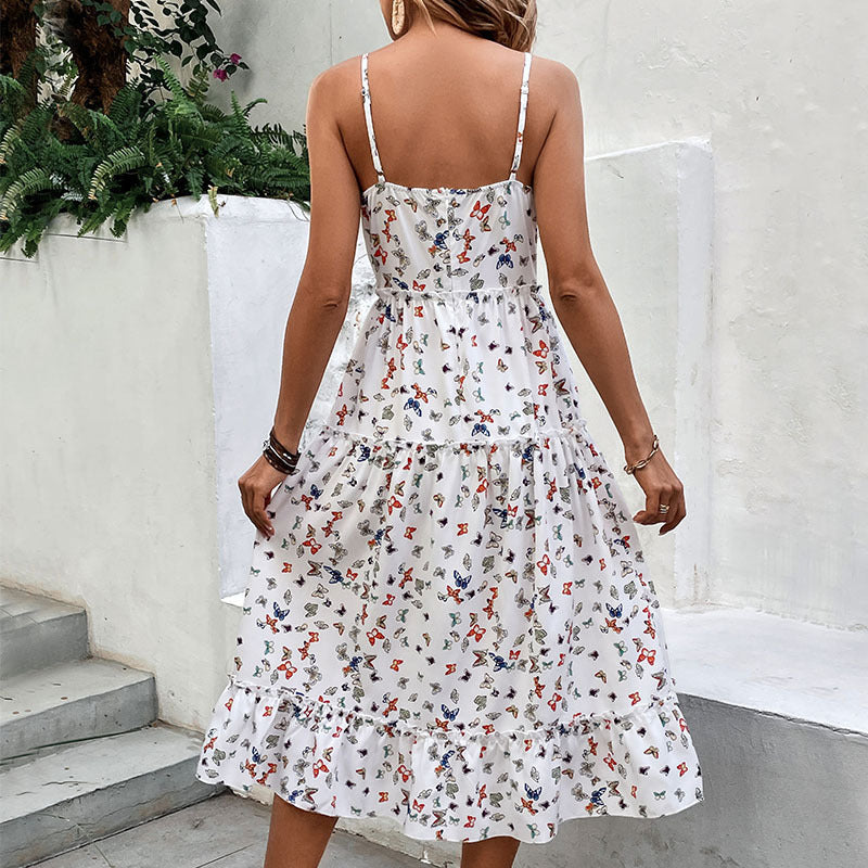 Women's V-Neck Butterfly Print Strap Dress White Polyester
