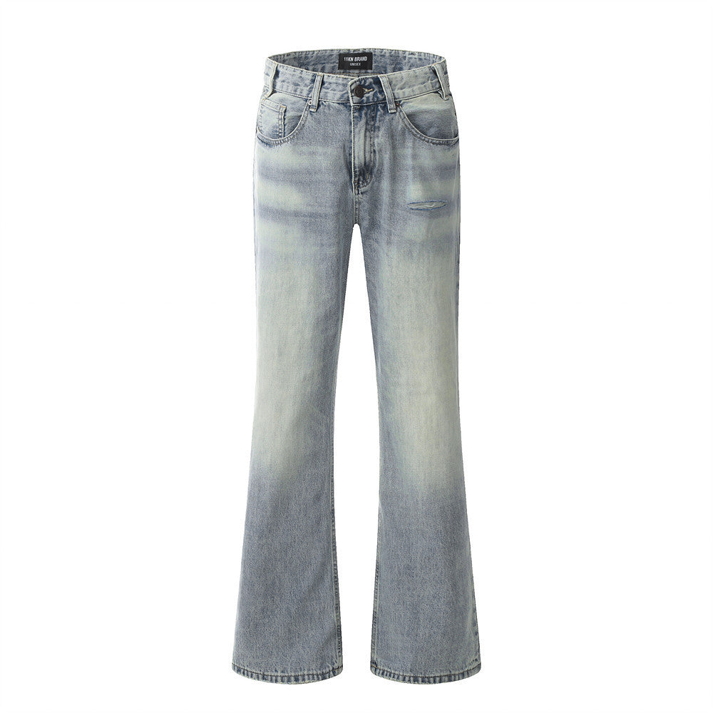 Men's Mid Waist Blue Washed Denim Trousers Ripped Jeans