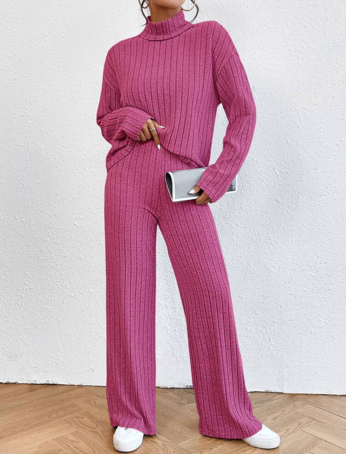 Turtleneck Long Sleeve Loose Stripe Wide Leg Pants Two-Piece Set