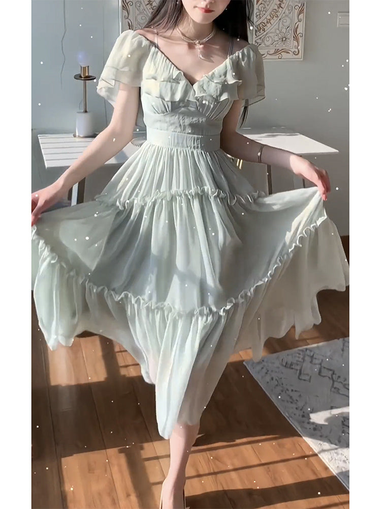 Robe à Bretelles en Mousseline Vert Clair pour Femme