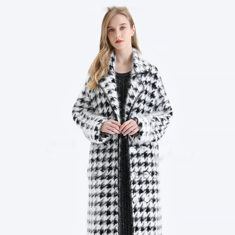 Long manteau de fourrure de vison épaisse noire et blanche pour femme
