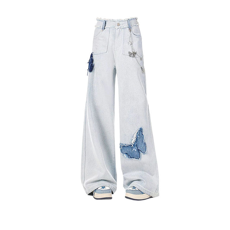 Vintage Embroidered Butterfly High-Waist Denim Jeans Straight & Wide Leg Pants