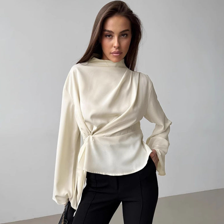 Apricot Chiffon Small Stand Collar Bell Sleeve Pleated Split Shirt