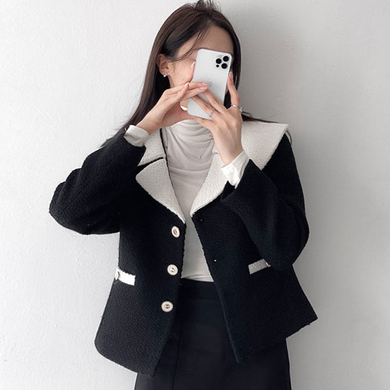 Navy Collar Short Long Sleeve Tweed Coat Top In Contrasting Colors