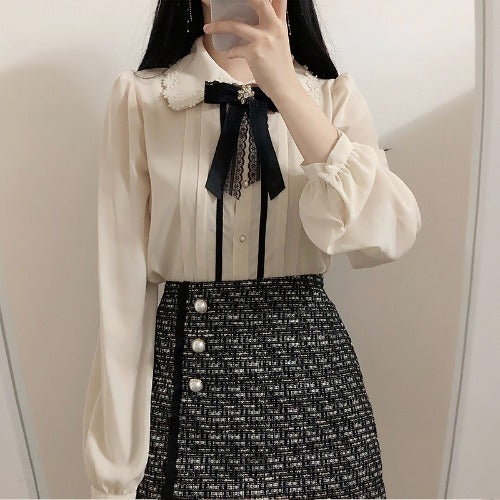 Embroidered Bowknot Long-sleeved  Blouse Female Design Princess Style Chiffon Shirt