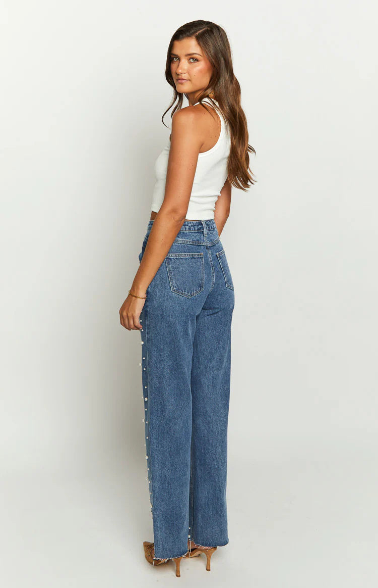 Oblique Waist Blue Denim Straight-Leg Beaded Frayed Hem Jeans