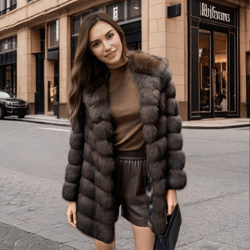 Dark Brown Casual Warm Loose Artificial Fur Coat