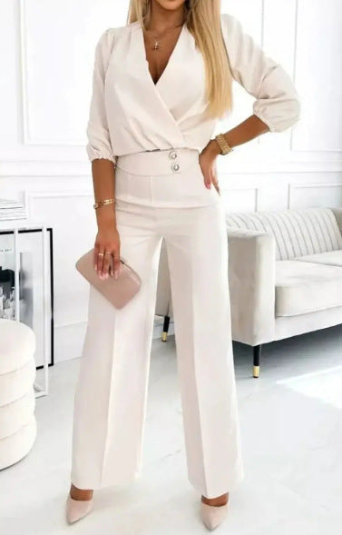 Women's Solid Color And V-neck Two-button 2-piece Trousers Suit