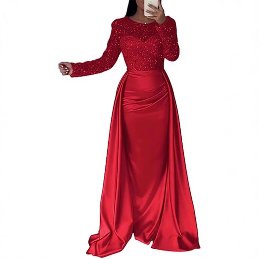 Dazzling Sequin Queen Maxi Evening Gown with Long Sleeves